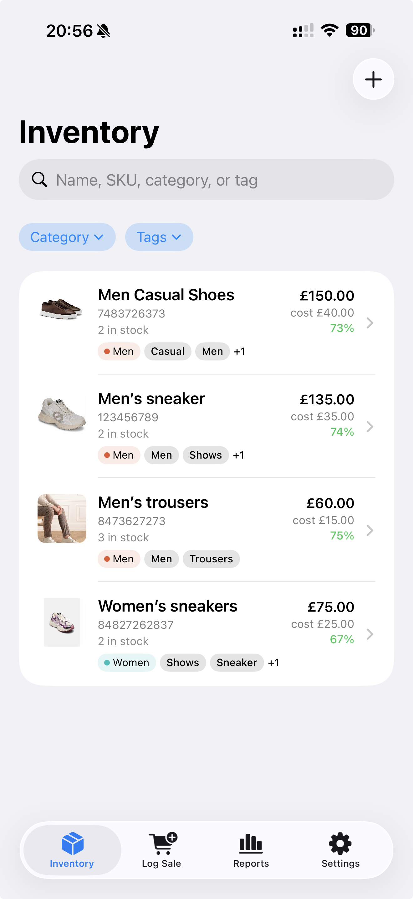 Sidestock inventory grid showing items with prices and profit margins